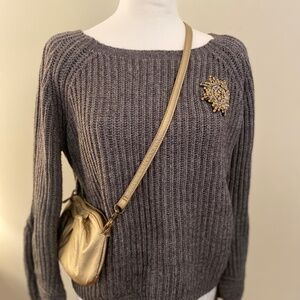 Lineamaglia Grey Knit Sweater w/ Beaded Sunburst Shoulder, Made in Italy, Wool